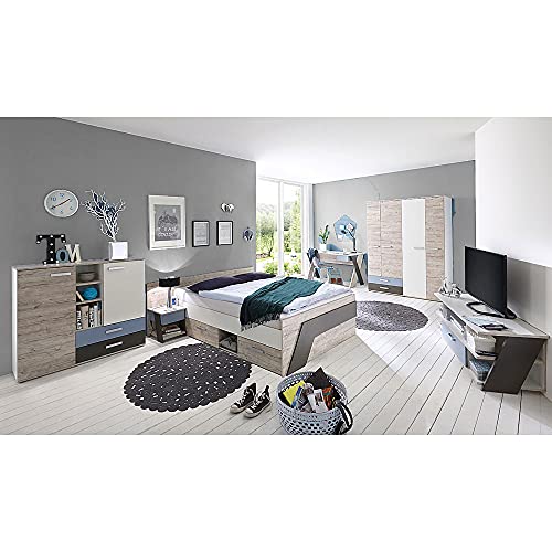 Jugendzimmer Kinderzimmer Komplett Set, Sandeiche mit weiß Lava blau, 140 x 200 cm Jugendbett, Kleiderschrank, Nachttisch, Kommode, TV Lowboard, Schreibtisch von Lomadox