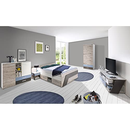 Jugendzimmer Kinderzimmer Komplett Set, Sandeiche mit weiß Lava blau, 140 x 200 cm Jugendbett, Kleiderschrank, Nachttisch, Kommode, TV Lowboard von Lomadox