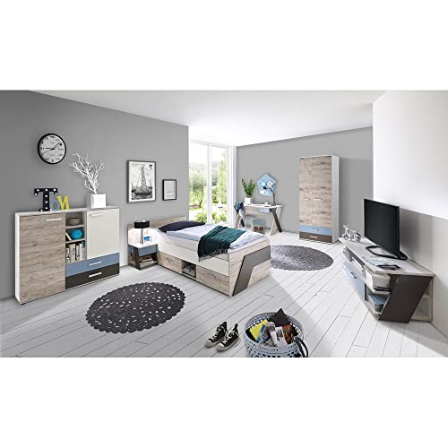 Jugendzimmer Kinderzimmer Komplett Set, Sandeiche weiß Lava blau, 90 x 200 cm Jugendbett, Kleiderschrank, Nachttisch, Kommode, TV Lowboard, Schreibtisch von Lomadox