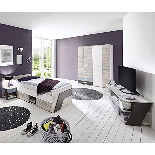Jugendzimmer Kinderzimmer Set, Sandeiche mit weiß, Lava blau, 90x200 Bett, Kleiderschrank, Nachttisch, TV Lowboard von Lomadox