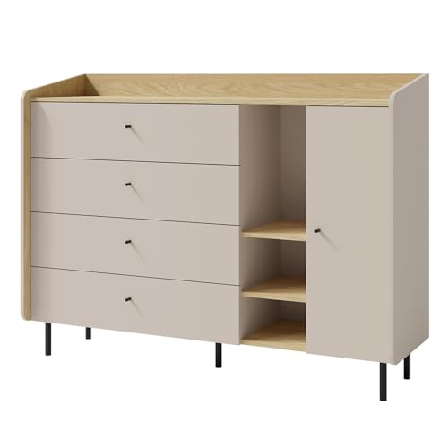 Jugendzimmer Kinderzimmer Sideboard Anrichte Kommode 155 cm breit in sandbeige mit Eiche, 1 Tür und 4 Schubladen Jugendzimmer Kinderzimmer Sideboard Anrichte Kommode 155 cm breit in sandbeige mit Eiche, 1 Tür und 4 Schubladen von Lomadox