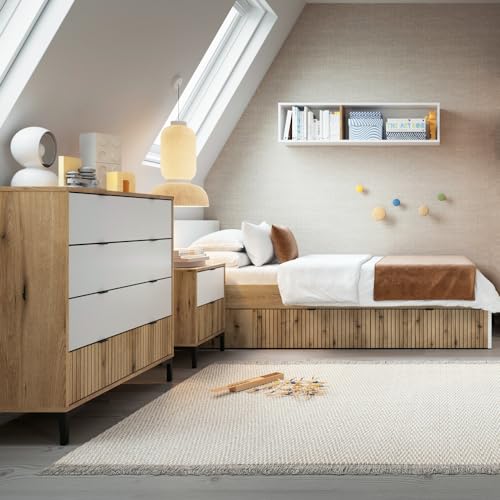 Jugendzimmer Komplett Set 4-teilig mit Kommode, Nachttisch, Wandregal und Bett 120x200 cm in Eiche mit weiß von Lomadox