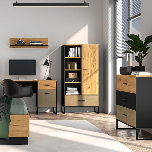 Jugendzimmer Set 4-teilig mit Schreibtisch, Highboard, Kommode, Wandboard in Eiche schwarz Sandfarben modern von Lomadox