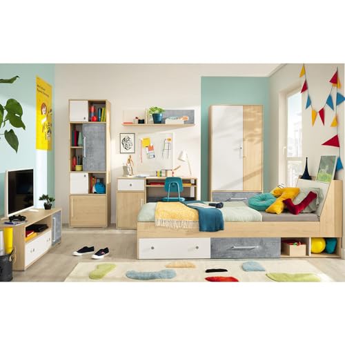 Jugendzimmer Set 6-teilig mit Lowboard, Regalschrank, Wandboard, Schreibtisch, Kleiderschrank, Bett 120x200cm in Eiche mit weiß und Betonoptik von Lomadox