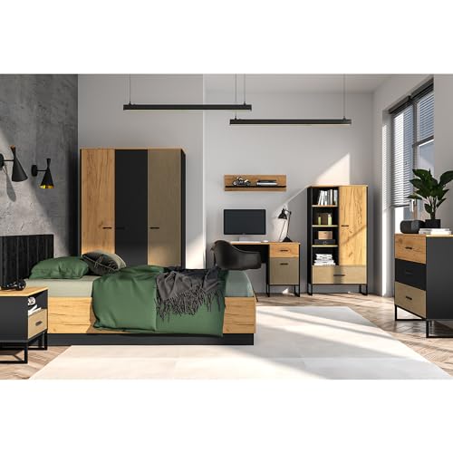 Jugendzimmer Set 7-teilig mit Bett 120x200cm, Kleiderschrank, Highboard, Kommode, Schreibtisch, Nachttisch, Wandboard in Eiche schwarz Sandfarben modern von Lomadox