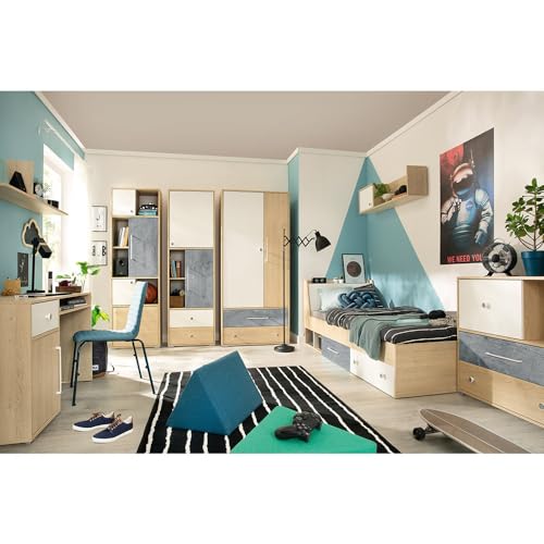 Jugendzimmer Set 8-teilig mit 2 Wandboards, Schreibtisch, 2 Regalschränke, Kleiderschrank, Bett 120x200cm, Kommode in Eiche mit weiß und Betonoptik von Lomadox