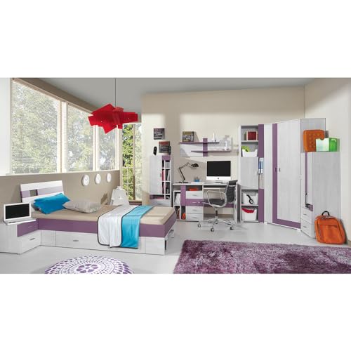 Kinderzimmer Komplett-Set mit Bett 120x200 cm Set 8-teilig Schreibtisch Kleiderschrank Kommode modern in Kiefer Gebleicht mit lila von Lomadox