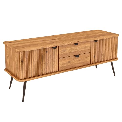 Kommode 144 cm breit in Eiche massiv geölt 2 Schubladen Türen Stahlgriff schwarz matt gerillte Front montiert von Lomadox