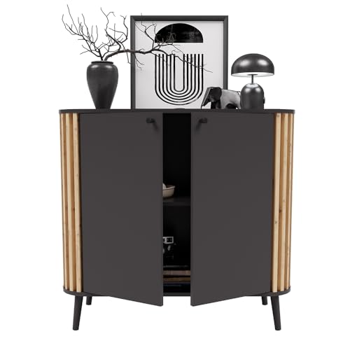 Kommode Anrichte Sideboard Retro Look grau mit Eiche Lamellen 2-türig 2 Türen 92x87,5x40 cm von Lomadox
