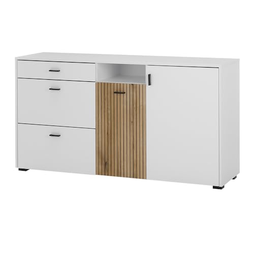 Kommode Anrichte Sideboard Wohnzimmerschrank Schrank modern weiß matt mit Eiche Rillen 150x79,6x42 cm von Lomadox