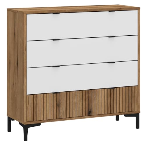 Kommode Highboard Sideboard Stauraumschrank Eiche mit weiß und Rillen Optik modern Wohnzimmer Schlafzimmer Jugendzimmer Kinderzimmer von Lomadox