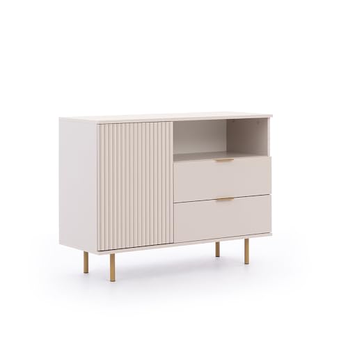 Kommode Sideboard 107cm in Kaschmir, Front mit Rillenoptik, Goldfarbene Griffe und Füße von Lomadox