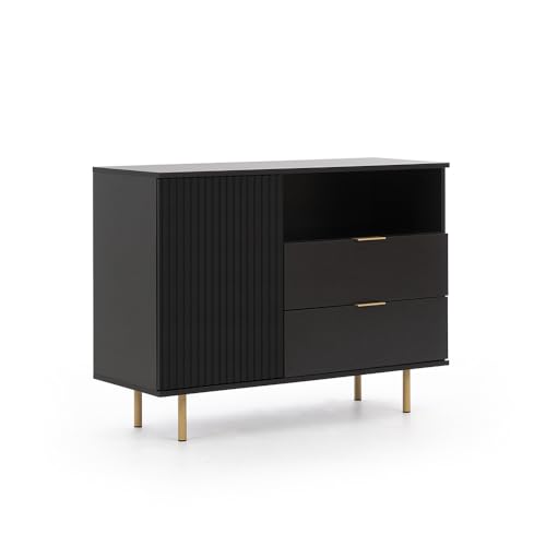 Kommode Sideboard 107cm in schwarz matt, Front mit Rillenoptik, Goldfarbene Griffe und Füße Kommode Sideboard 107cm in schwarz matt, Front mit Rillenoptik, Goldfarbene Griffe und Füße von Lomadox