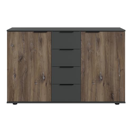 Kommode Sideboard 130cm, 2 Türen & 4 Schubladen, Graphit und Eiche von Lomadox