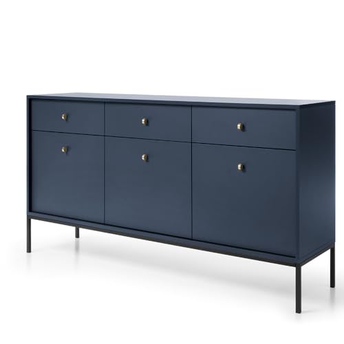 Kommode Sideboard 154cm in blau, Fußgestell schwarz, Griffe goldfarben von Lomadox