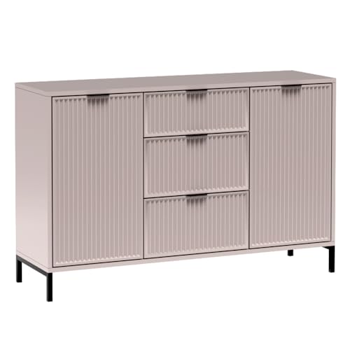 Kommode in Kaschmir beige mit Rillenoptik 135 cm Sideboard Anrichte Stauraumschrank Wohnzimmerschrank modern Rillen Fronten von Lomadox