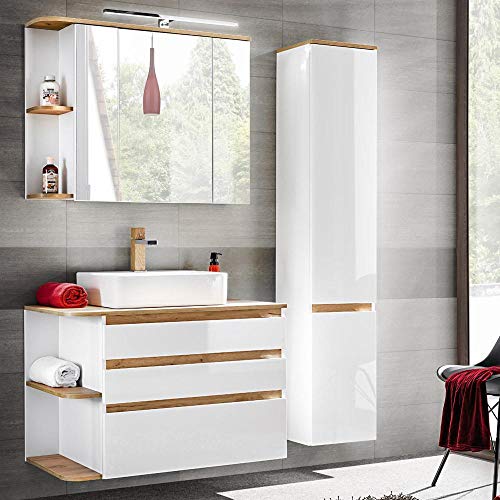 Lomadox Badmöbel Set Hochglanz weiß mit Eiche, Waschtisch-Unterschrank mit Keramik-Waschbecken, LED-Spiegelschrank & Hochschrank von Lomadox
