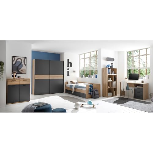 Komplett Set Jugendzimmer 5-teilig in Eiche mit Graphit Kinderzimmer Bett Kleiderschrank Schreibtisch Kommode von Lomadox