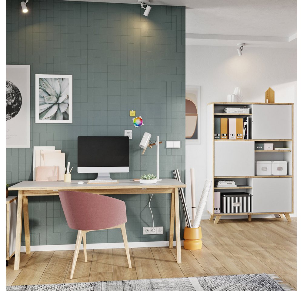 Lomadox Aktenregal HOLM-01, Büro Möbel Set mit 160 cm Schreibtisch Highboard weiß Eiche von Lomadox