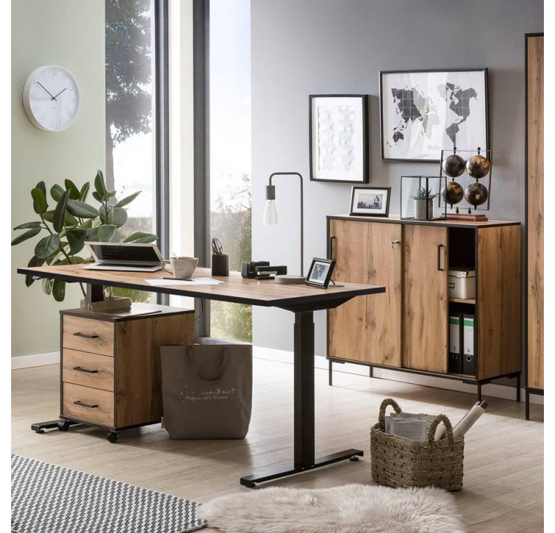 Lomadox Büromöbel-Set FALUN-80, (Spar-Set, 3-tlg., Computertisch Rollcontainer Aktenschrank), Arbeitszimmer Eiche Schreibtisch höhenverstellbar Büroschränke von Lomadox