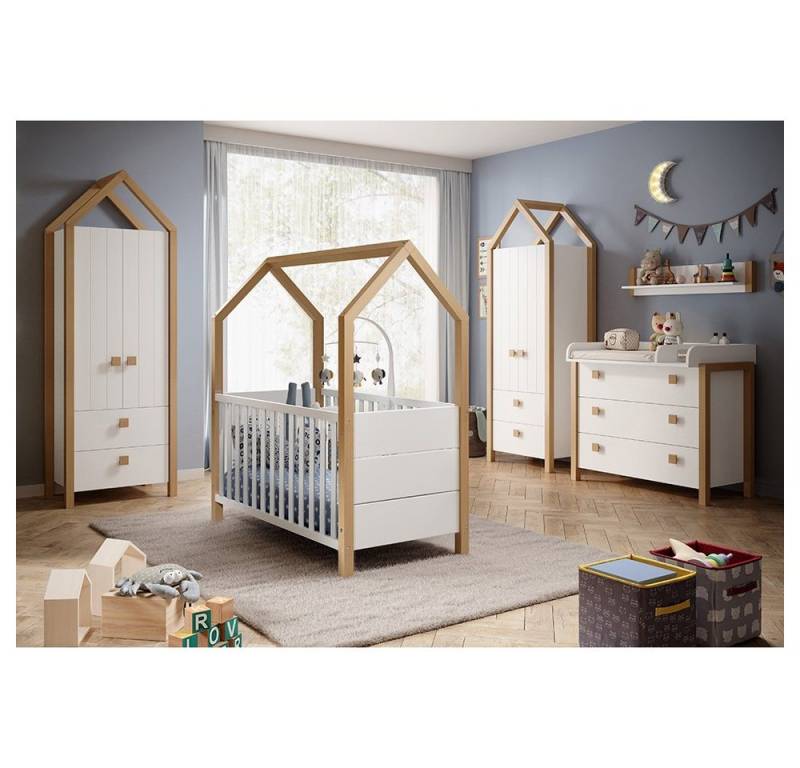Lomadox Babyzimmer-Komplettset BARI-78, (5-tlg), Kiefer teilmassiv weiß, Birke, Wickelkommode, Kleiderschränke von Lomadox