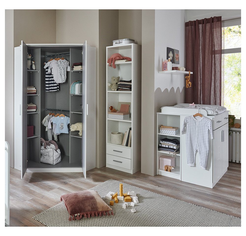 Lomadox Babyzimmer-Komplettset BEELEN-43, (5-tlg., Eckkleiderschrank Wickelkommode Unterbauregal Regal Wandboard), weiß, Babyzimmer Schrank, Dekoregal, Wickeltisch mit Regal, Wandboard von Lomadox