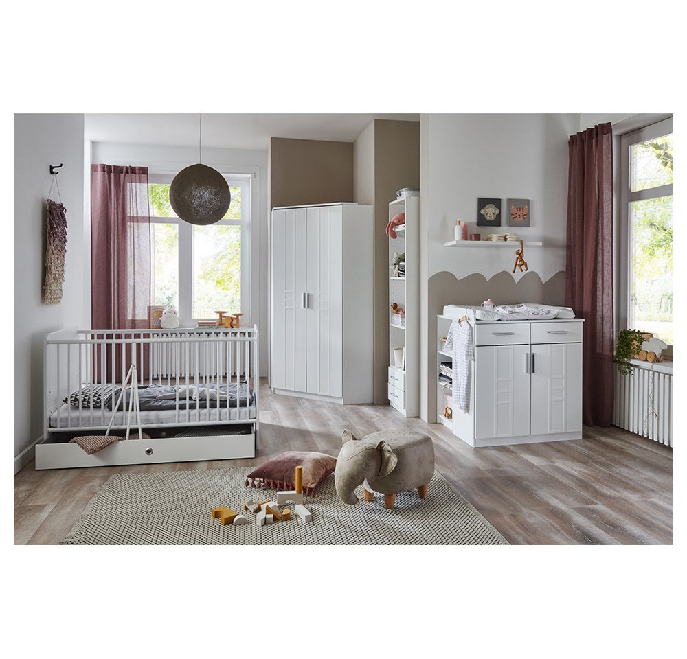 Lomadox Babyzimmer-Komplettset BEELEN-43, (7-tlg., Schrank, Wickelkommode, Regale, Bett, Schubkasten), weiß, Schrank Wickeltisch mit Regal Gitterbett Schubkasten Dekoregal von Lomadox