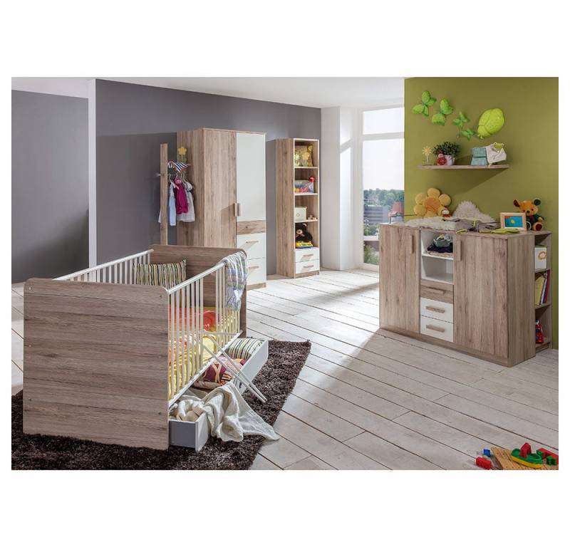 Lomadox Babyzimmer-Komplettset CANTON-43, (10-tlg), in Eiche Nb. mit weiß, Babybett umbaubar zu Kinderbett von Lomadox