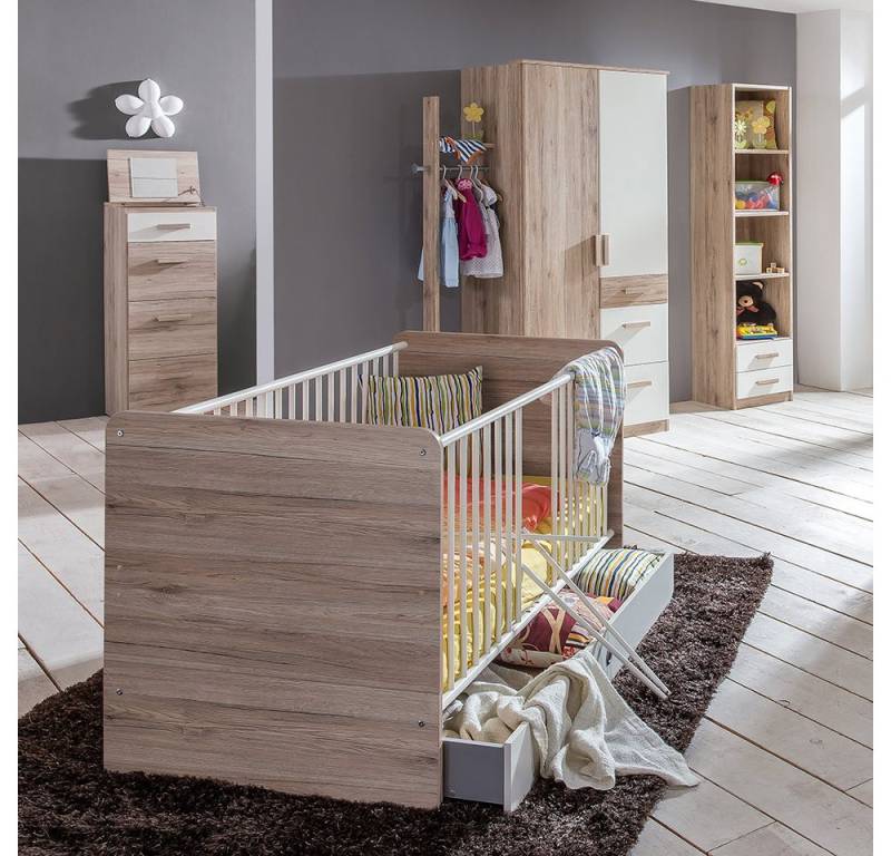 Lomadox Babyzimmer-Komplettset CANTON-43, (7-tlg), in Eiche mit weiß, Babybett umbaubar zu Kinderbett von Lomadox