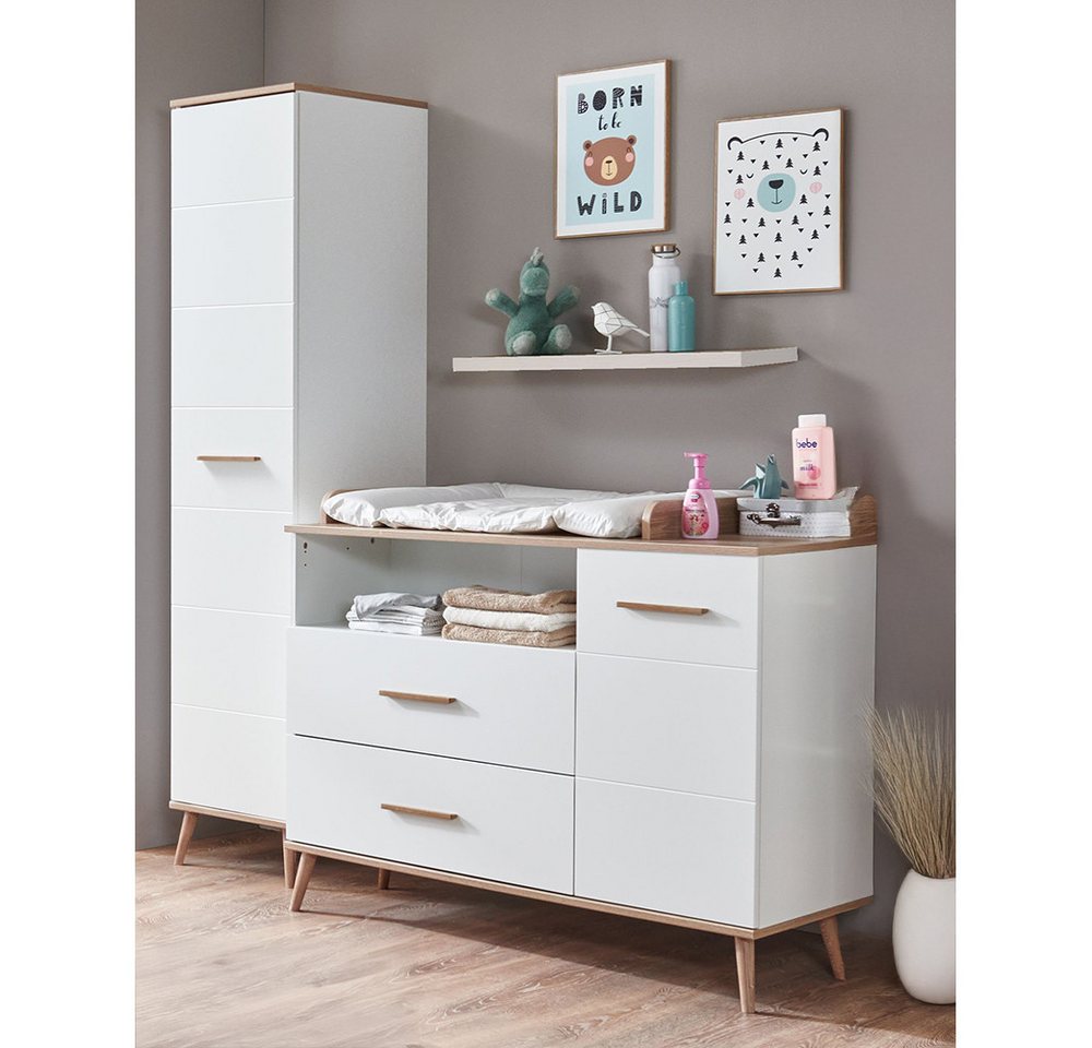 Lomadox Babyzimmer-Komplettset FELIN-43, (3-tlg., Schrank Wickelkommode Wandboard), weiß Eiche Oak Design skandinavisch Holzfüße Wickelaufsatz abnehmbar von Lomadox