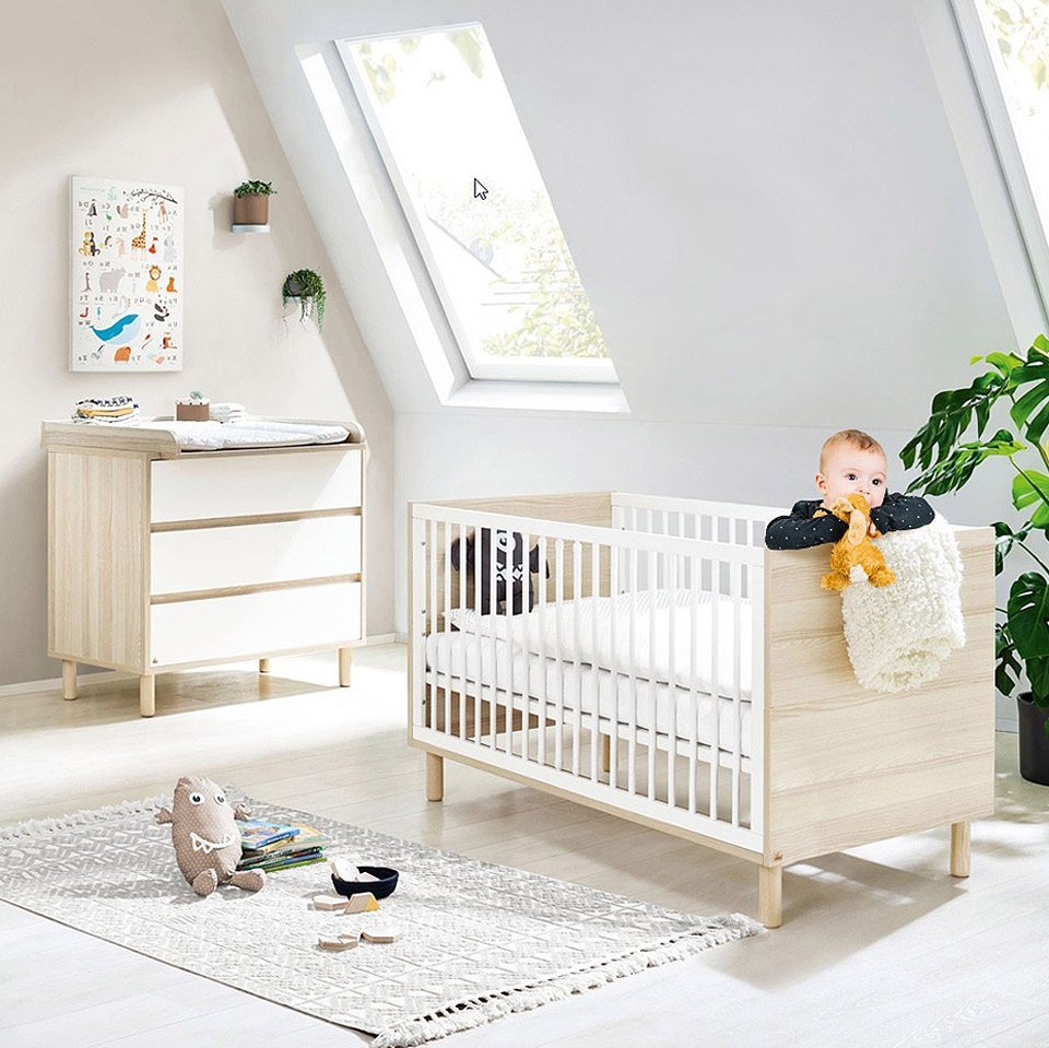 Lomadox Babyzimmer-Komplettset FERRARA-134, (2-St), Babyzimmer Set mit Babybett und Wickelkommode in weiß mit Esche Dekor von Lomadox