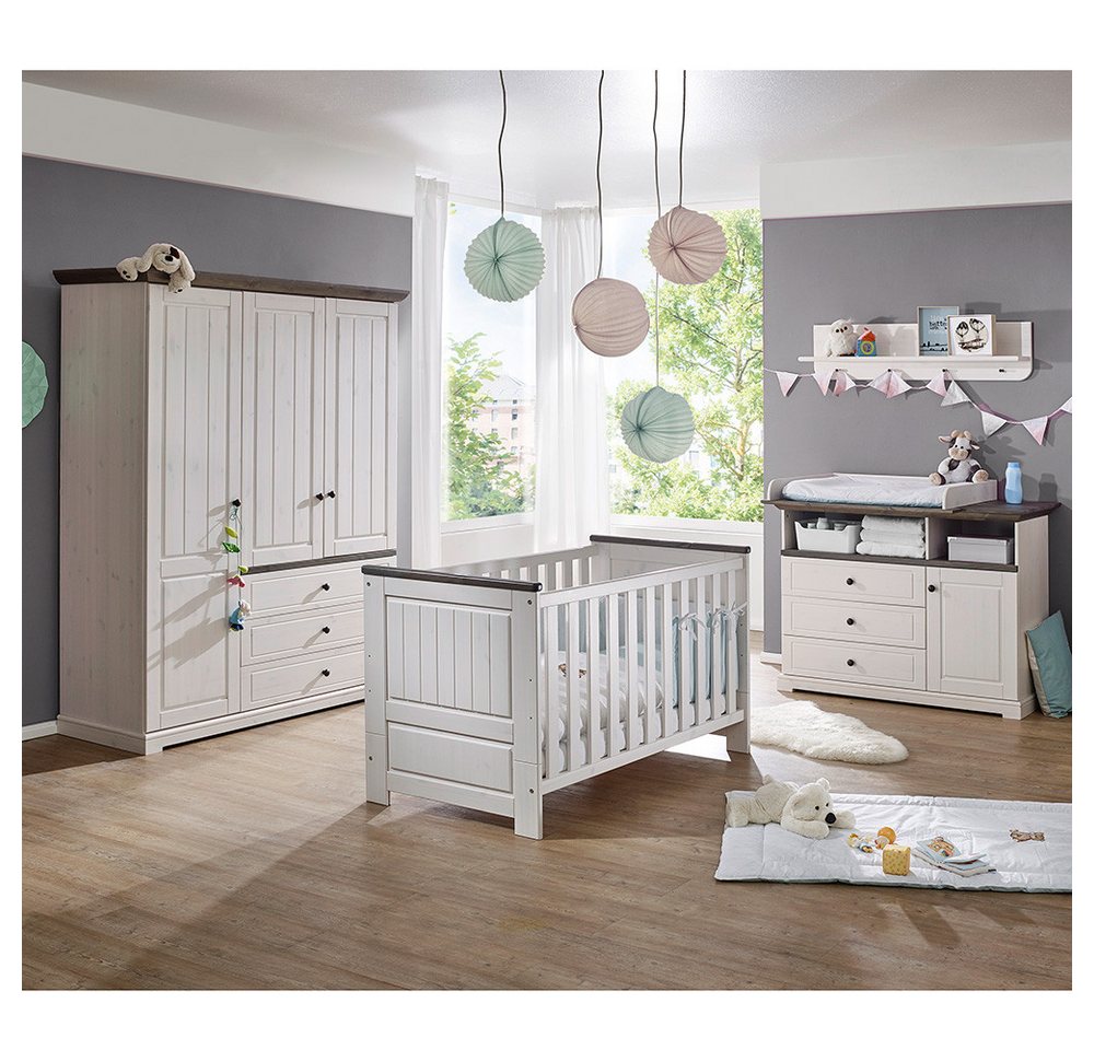 Lomadox Babyzimmer-Komplettset JAANIKA-69, (4-St), Kiefer massiv weiß mit grau, 4-teilig mit Babybett und Wickelkommode von Lomadox