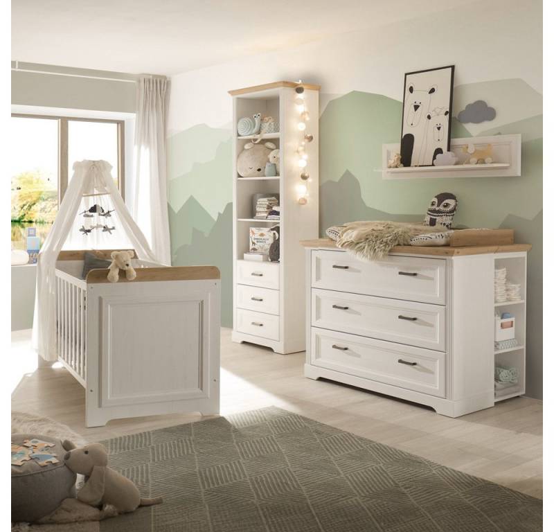 Lomadox Babyzimmer-Komplettset JASPER-78, (4-tlg), Anderson Pine Nb. weiß, Eiche Nb., Kommode, Regal, Wandboard, Bett von Lomadox