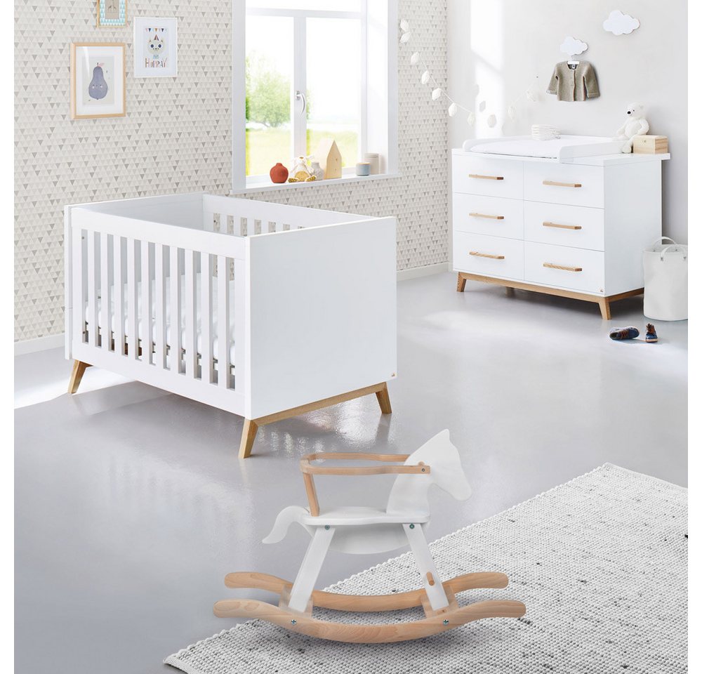 Lomadox Babyzimmer-Komplettset RIJEKA-134, (4-St), Babyzimmer Set mit Schaukelpferd in weiß edelmatt inkl. Matratze von Lomadox