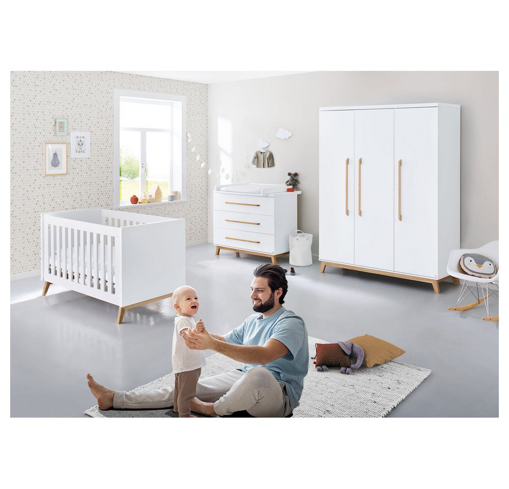 Lomadox Babyzimmer-Komplettset RIJEKA-134, (3-St), inkl. Wickelkommode, Babybett, Kleiderschrank groß in weiß edelmatt von Lomadox