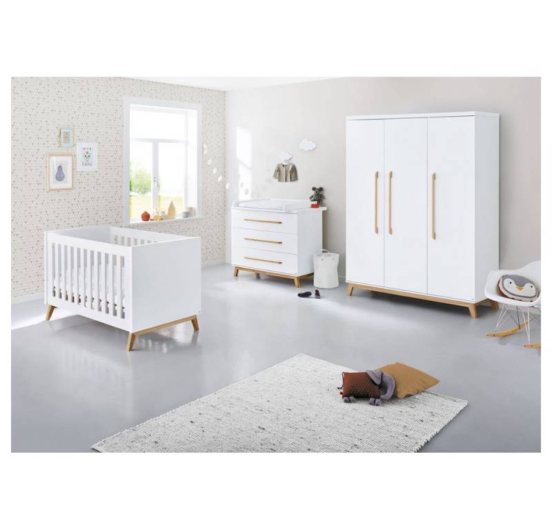 Lomadox Babyzimmer-Komplettset RIJEKA-134, (3-tlg), inkl. Wickelkommode, Babybett, Kleiderschrank groß in weiß edelmatt von Lomadox