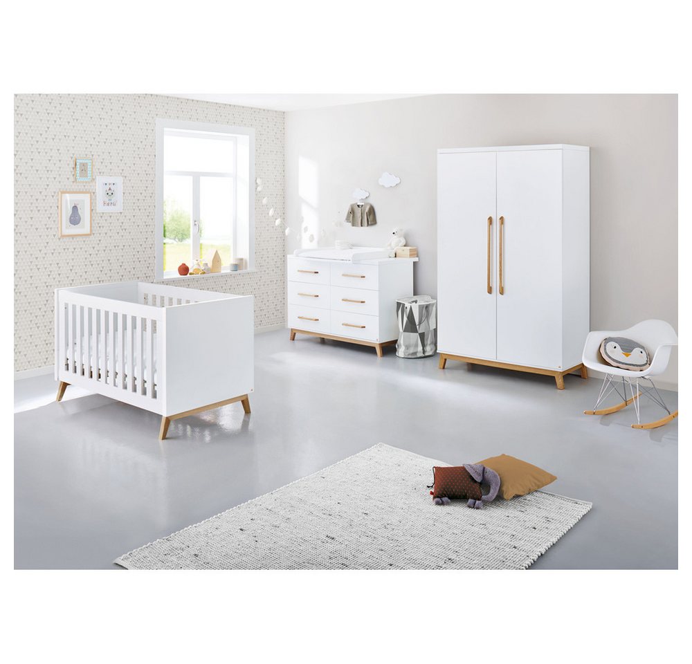 Lomadox Babyzimmer-Komplettset RIJEKA-134, (3-St), inkl. Kleiderschrank, Bett, Kommode mit Wickelaufsatz in weiß edelmatt von Lomadox