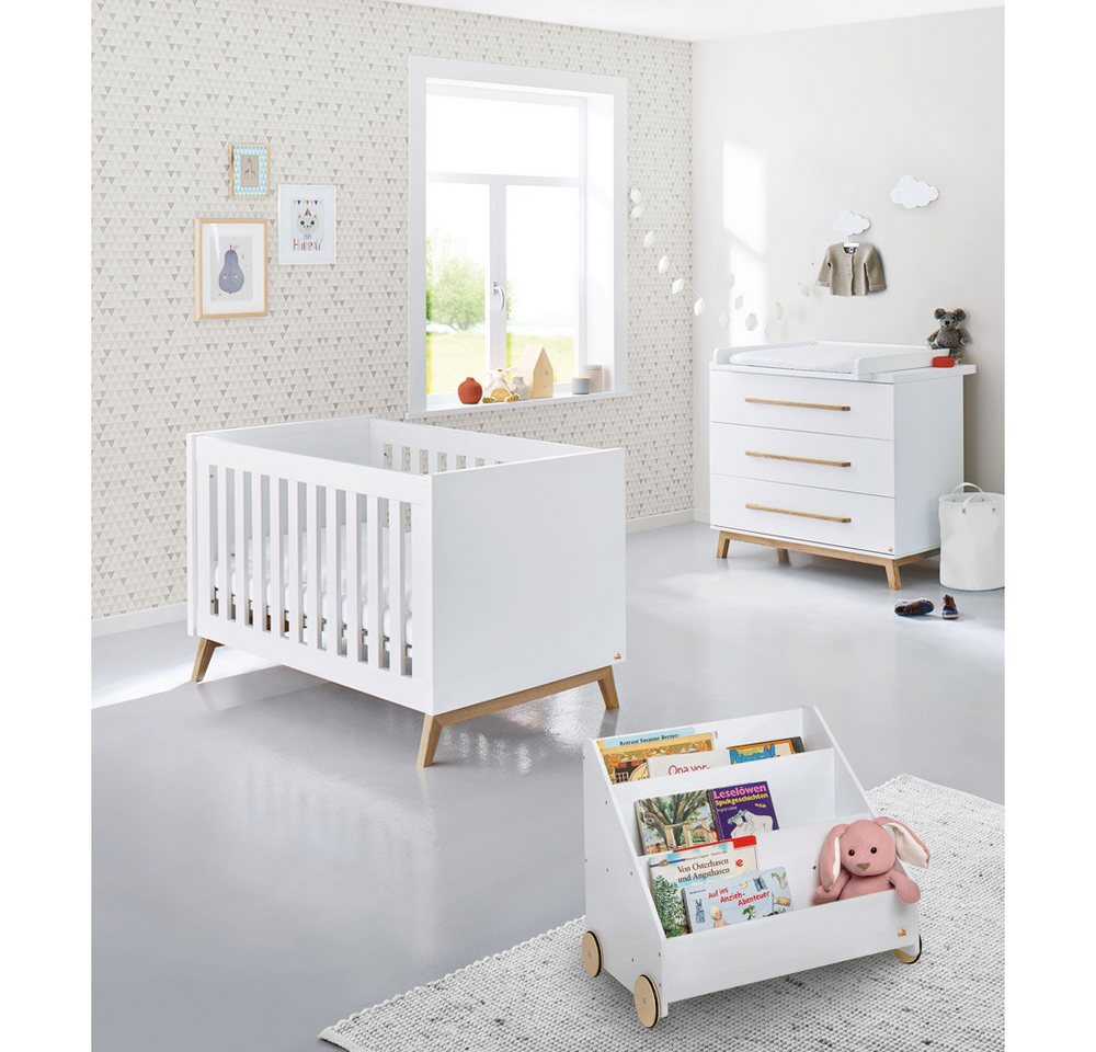 Lomadox Babyzimmer-Komplettset RIJEKA-134, (4-St), inkl. Matratze in weiß edelmatt mit Bücherregal von Lomadox