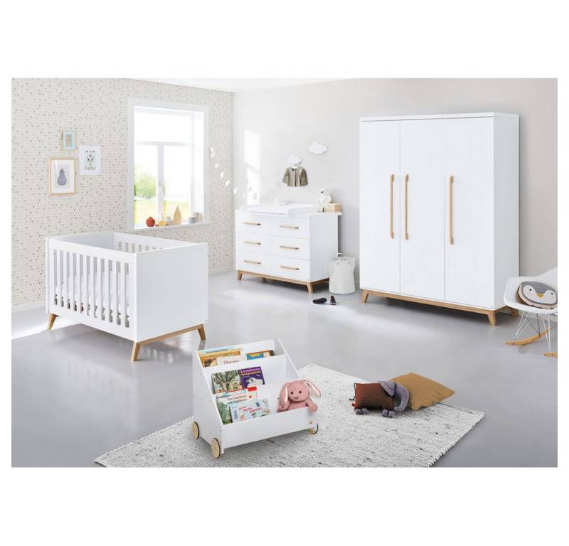 Lomadox Babyzimmer-Komplettset RIJEKA-134, (5-tlg), inkl. Bücherregal in weiß edelmatt mit Matratze von Lomadox