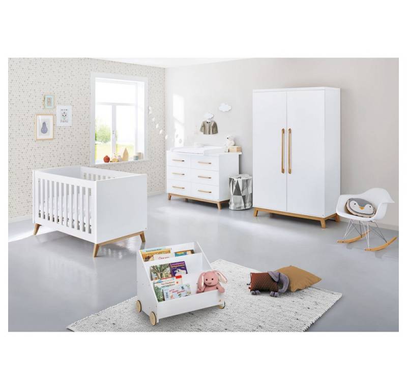 Lomadox Babyzimmer-Komplettset RIJEKA-134, (5-tlg), Kinderzimmer inkl. Matratze in weiß edelmatt mit Bücherregal von Lomadox