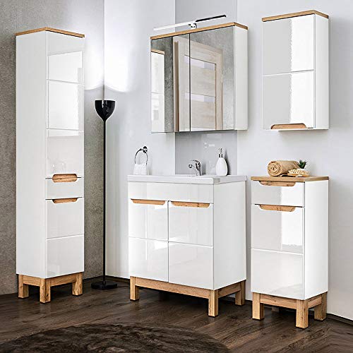 Lomadox Badezimermöbel Set in Hochglanz weiß mit Eiche, 60cm Keramik-Waschtisch & LED-Spiegelschrank Lomadox Badezimermöbel Set in Hochglanz weiß mit Eiche, 60cm Keramik-Waschtisch & LED-Spiegelschrank von Lomadox
