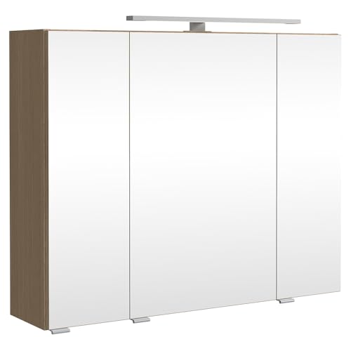 Lomadox Badezimmer Bad Spiegelschrank 80 cm breit mit LED-Beleuchtung, Steckdose und Schalter in Eiche hell, 3-türig (mit 3D-Funktion) von Lomadox
