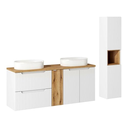 Lomadox Badezimmer Badmöbel Set 2-teilig mit 140cm Waschtisch, weiß und Eiche mit gerillter Front | inkl. Keramikwaschbecken, Hochschrank von Lomadox