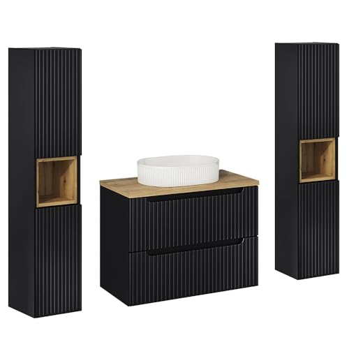 Lomadox Badezimmer Badmöbel Set 3-teilig, schwarz mit Eiche, gerillte Front, wandhängend, 80cm Waschtisch Lomadox Badezimmer Badmöbel Set 3-teilig, schwarz mit Eiche, gerillte Front, wandhängend, 80cm Waschtisch von Lomadox