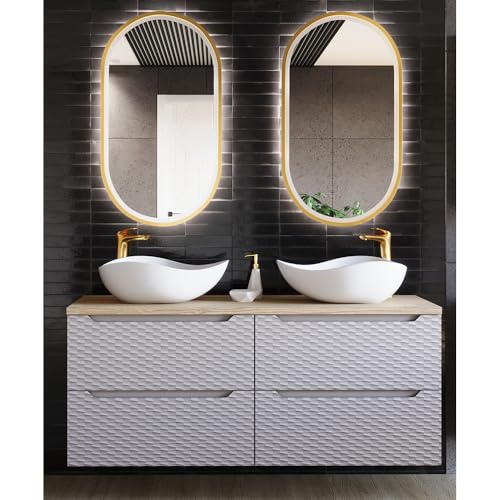 Lomadox Badezimmer Badmöbel Set 3-teilig mit 120cm Doppelwaschtisch in Eiche, Front in beige mit 3D-Oberfläche Lomadox Badezimmer Badmöbel Set 3-teilig mit 120cm Doppelwaschtisch in Eiche, Front in beige mit 3D-Oberfläche von Lomadox