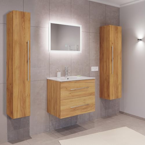 Lomadox Badezimmermöbel Badmöbel Set 2-teilig, Waschtisch Waschplatz 70cm breit, 2 Softclose-Schubladen mit Waschbecken und LED Spiegel, in Eiche von Lomadox