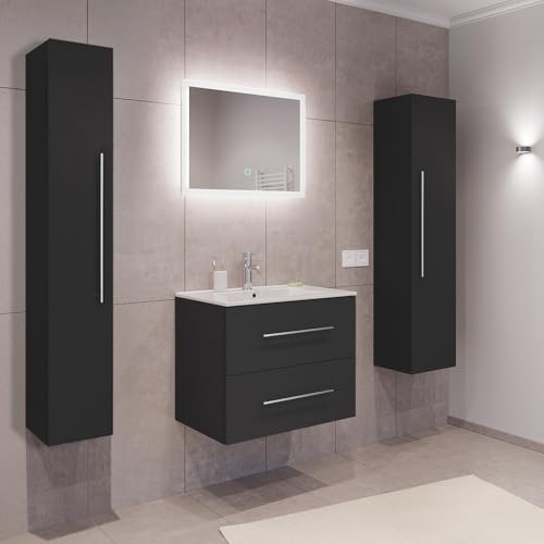 Lomadox Badezimmermöbel Badmöbel Set 2-teilig, Waschtisch Waschplatz 70cm breit, 2 Softclose-Schubladen mit Waschbecken und LED Spiegel, in grau von Lomadox