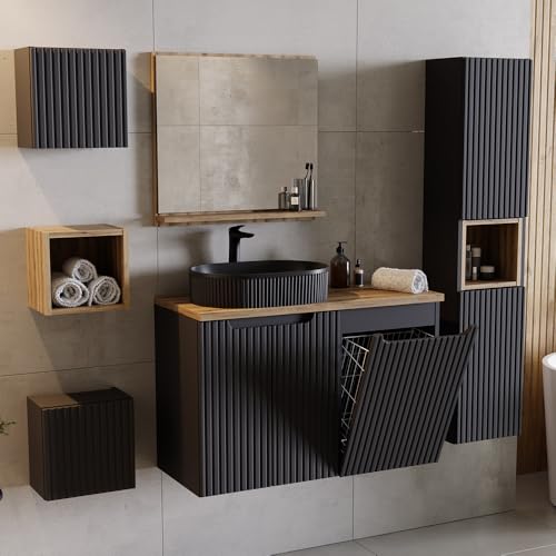 Lomadox Badezimmer Badmöbel Set 6-teilig, schwarz mit Eiche, gerillte Front, wandhängend, 90cm Waschtisch, integrierter Wäschekorb von Lomadox