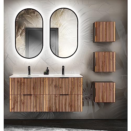 Lomadox Badezimmer Badmöbel Set Doppelwaschtisch 120 cm, LED Spiegel, 3X Hängeschrank in anthrazit mit Eiche Nb. schwarz gerillt von Lomadox
