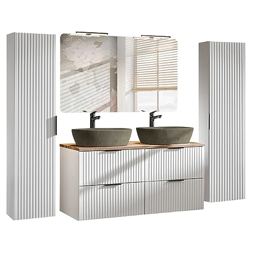 Lomadox Badezimmer Badmöbel Set matt weiß gerillt mit Eiche, 120 cm Doppelwaschtisch mit Keramik-Waschbecken, Spiegel mit LED-Beleuchtung & 2X Hochschrank Lomadox Badezimmer Badmöbel Set matt weiß gerillt mit Eiche, 120 cm Doppelwaschtisch mit Keramik-Waschbecken, Spiegel mit LED-Beleuchtung & 2X Hochschrank von Lomadox